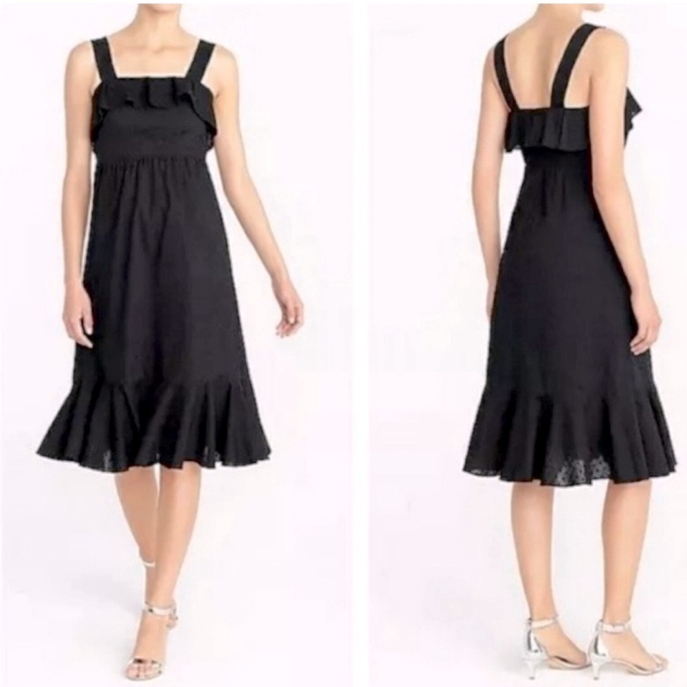 J.Crew Like New Black Cotton Swiss Dot Ruffled Midi Dress Size 2